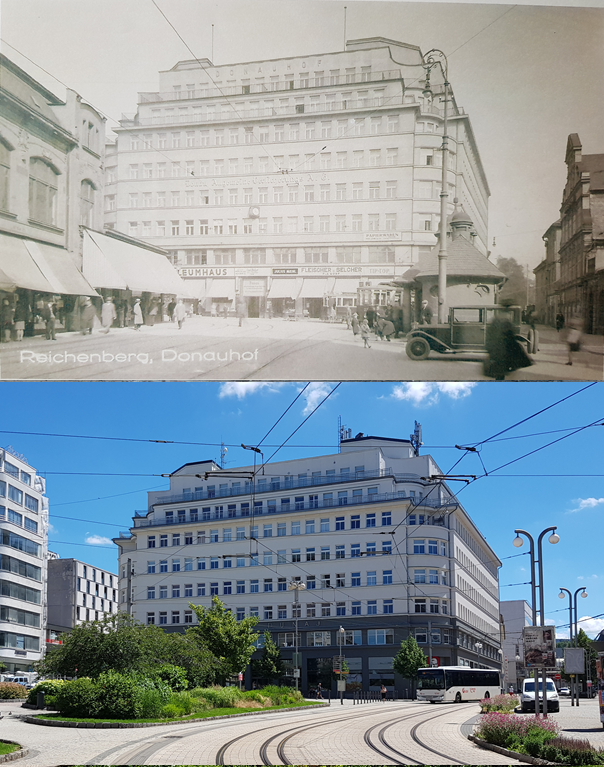 Soukenné náměstí kolem roku 1930 (archiv Milana Šíra st.) a 6.7.2021
