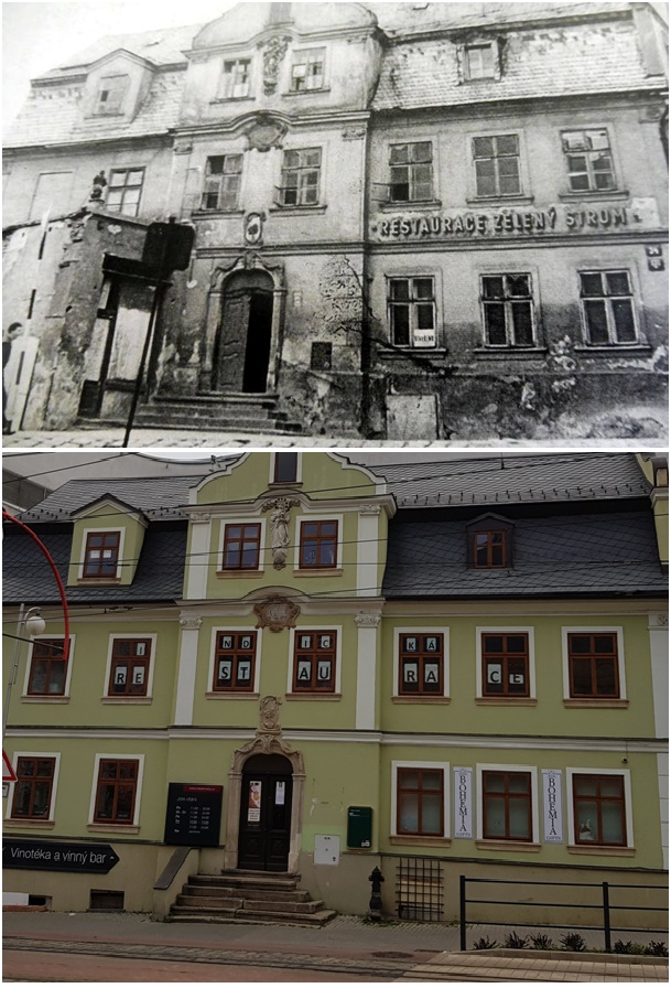 dům u Zeleného stromu cca 1950 a 19.4.2020
