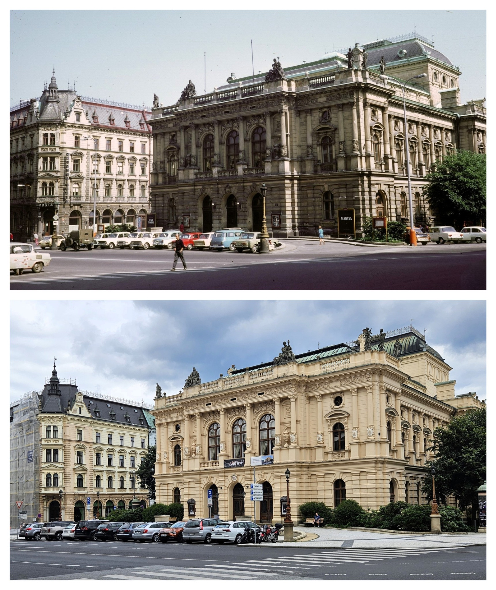 DŘÍVE A NYNÍ Vítejte u dalšího dílu seriálu, který každé úterý přináší srovnávací snímky z rozličných míst napříč krajem. Na horním snímku je jaro 1973 a Divadlo F. X. Šaldy Liberec uvádí Maryšu 💙 Nalevo od divadla parkuje zbědovaná Škoda 1000 MBX, vzácný dvoudveřový model, jehož cena je dnes ve statisících korun. Liberec.cz Škoda 1000MB (autor příspěvku Liberecký kraj)