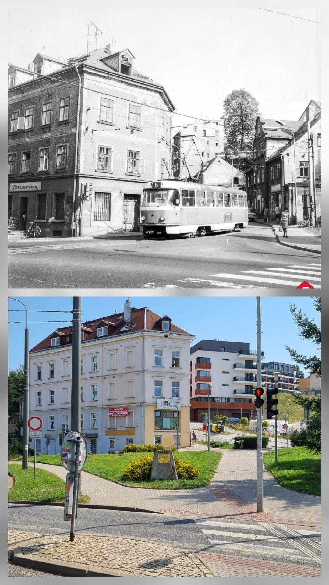 Křižovatka ulic Mlýnské a Na Perštýně v roce 1977 a 15.8.2025