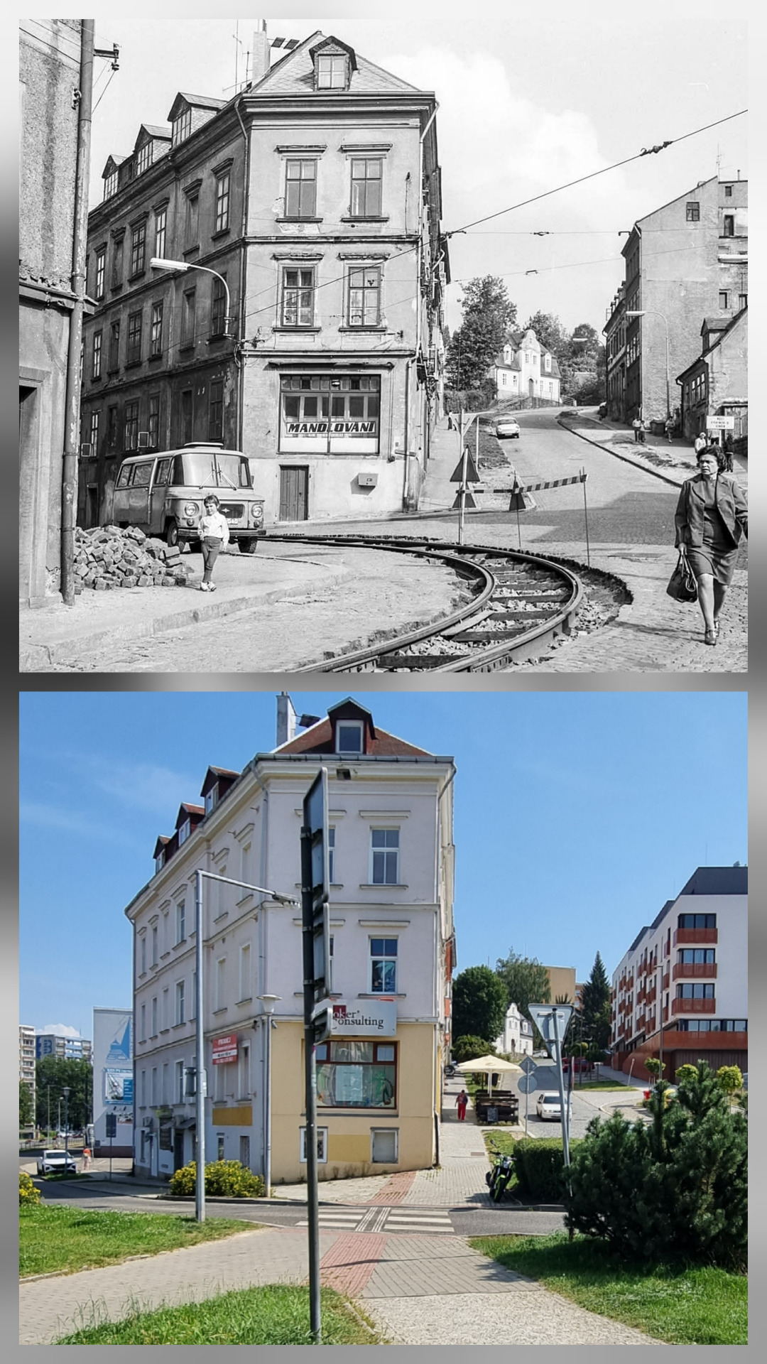 Křižovatka ulic Mlýnské a Na Perštýně v roce 1977 a 15.8.2025