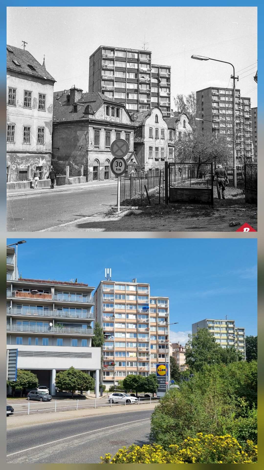 Ulice Na Bídě 1975 a 15.8.2025