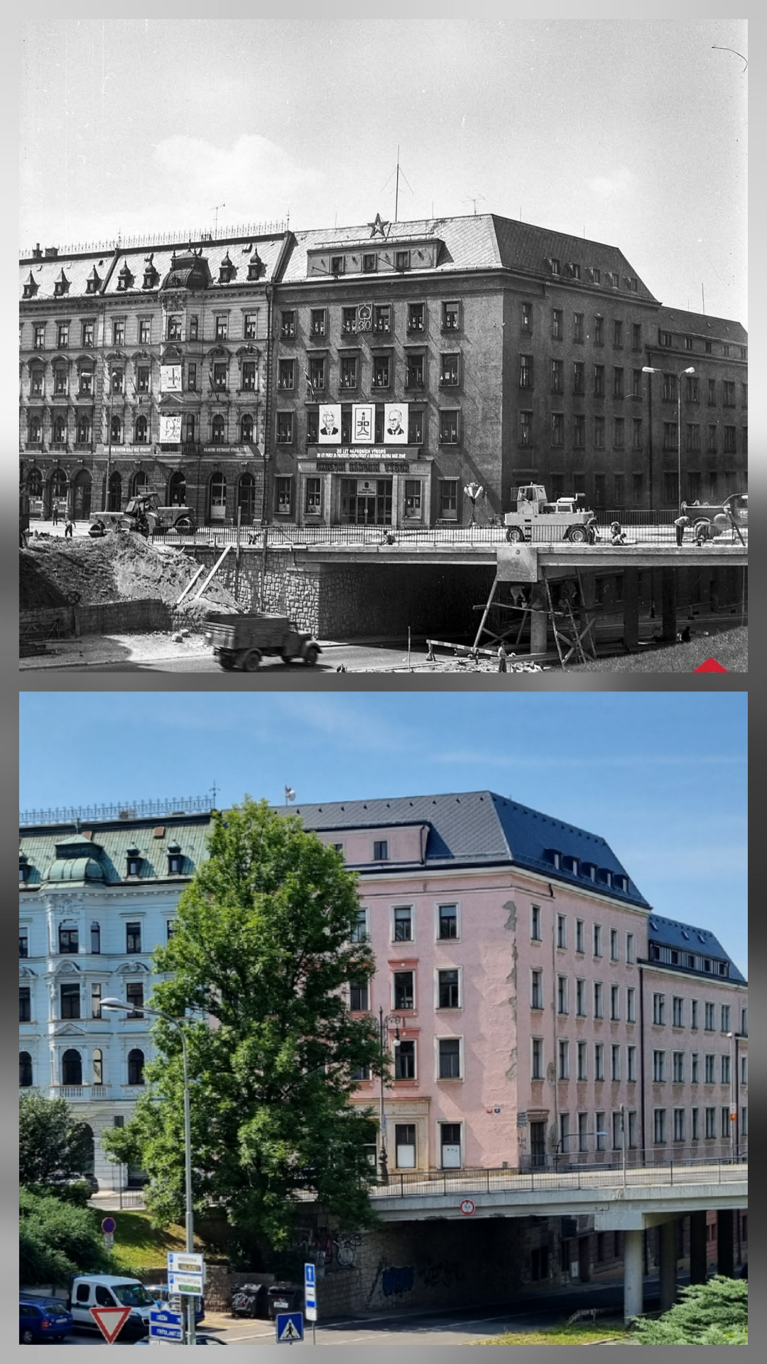 Sokolská a Rumjancevova ulice 1975 a 15.8.2025