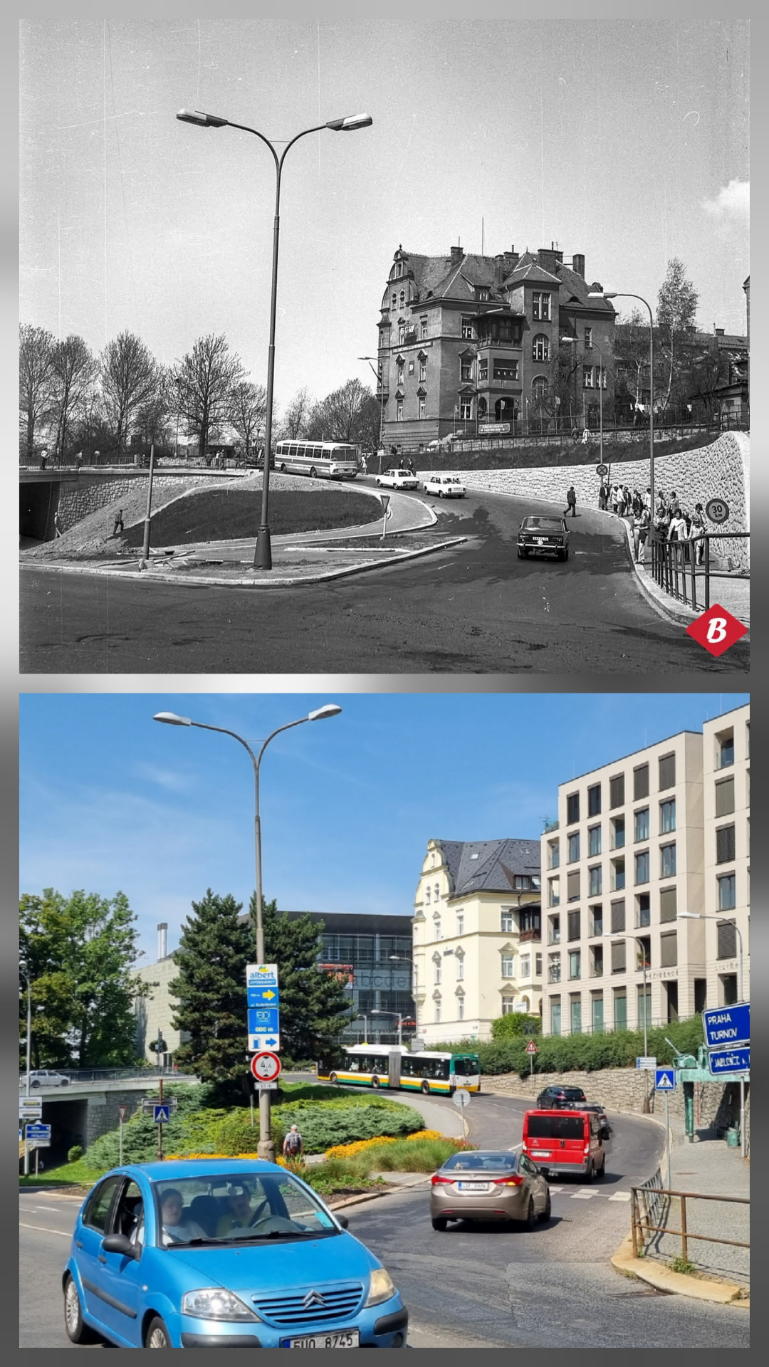 Sokolská a Rumjancevova ulice 1975 a 15.8.2025