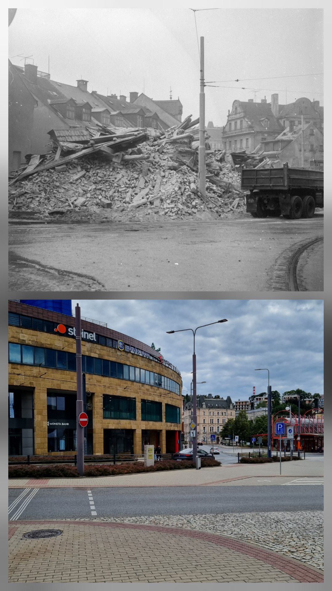 Křižovatka Rumunské a Moskevské ulice v roce 1982 a 24.8.2025
