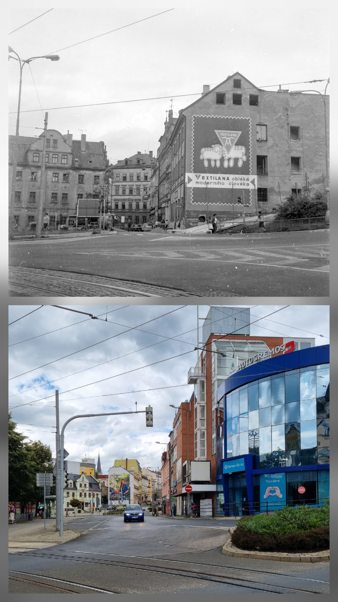 (Malá) Moskevská ulice v roce 1982 a 24.8.2025