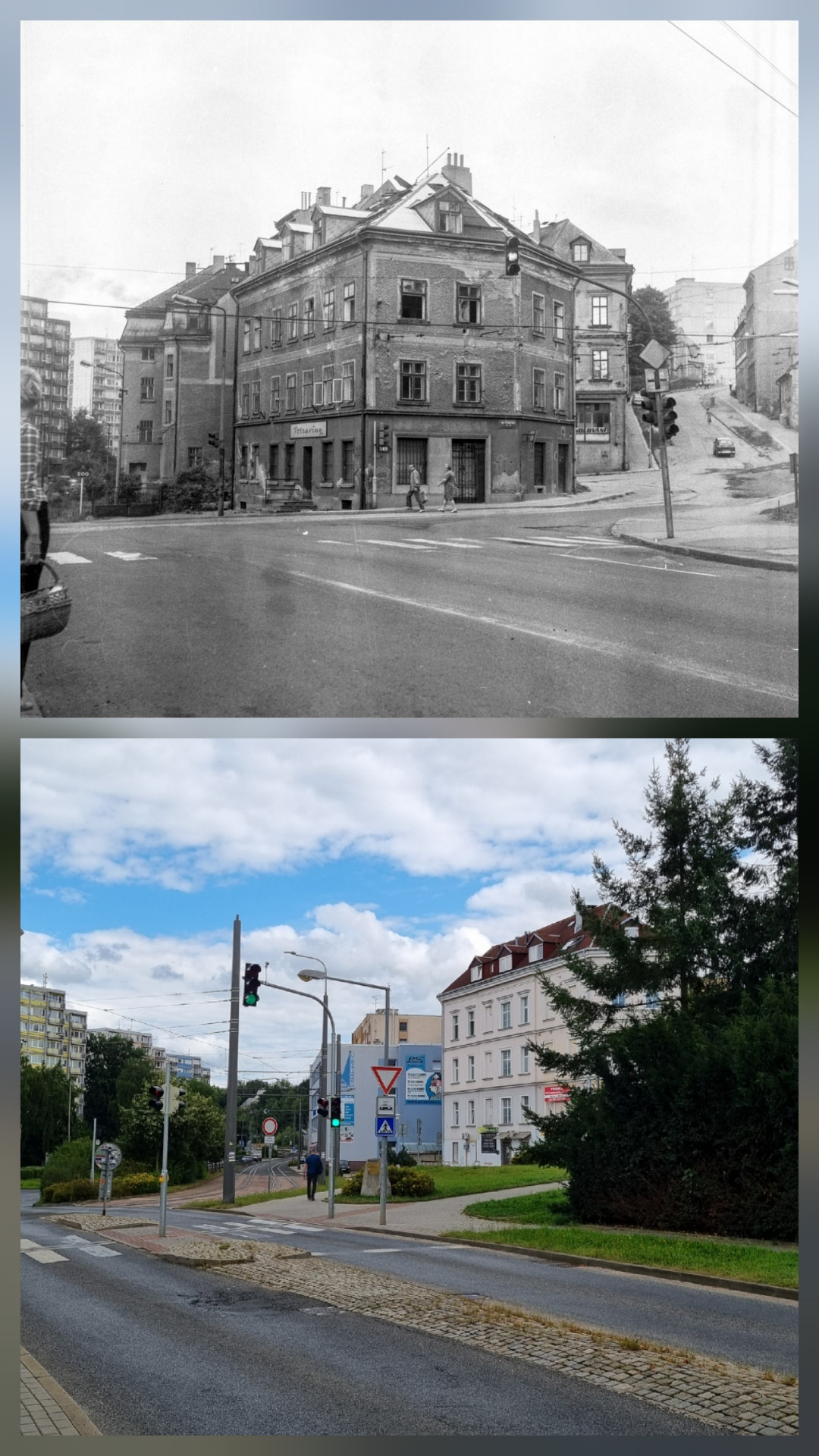 Křižovatka ulic Mlýnské a Na Perštýně v roce 1981 a 24.8.2025
