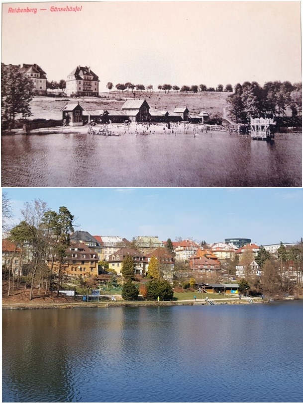 zástavba nad přehradou kolem roku 1920 a v roce 2020