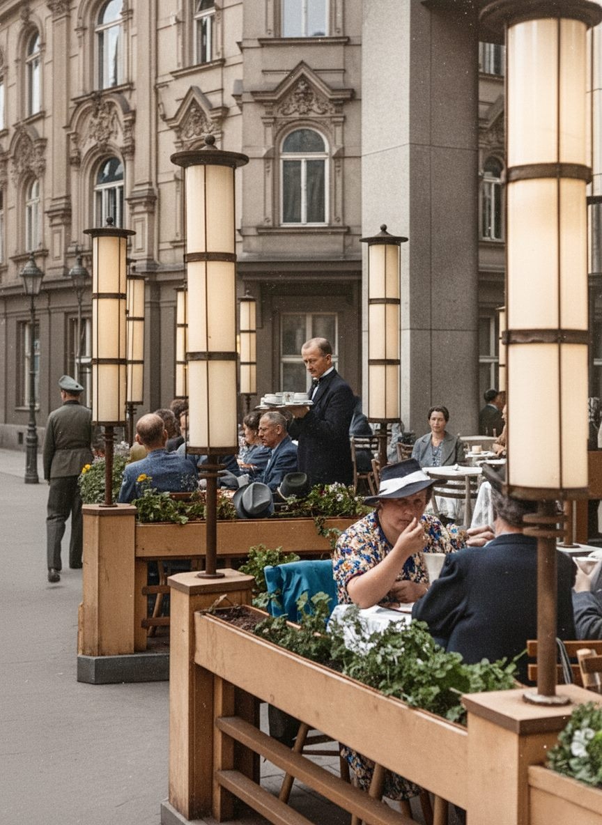 Terasa Winklerovy kavárny Grand Café Generali, později známé jako kavárna Nisa na Soukenném náměstí. 40. léta 20. stol. Autor: Ing. E. Tham. Fotografii jsem obarvil pro lepší kontrast a ostrost. zdroj: Severočeské muzeum v Liberci (Jiří Peterka)