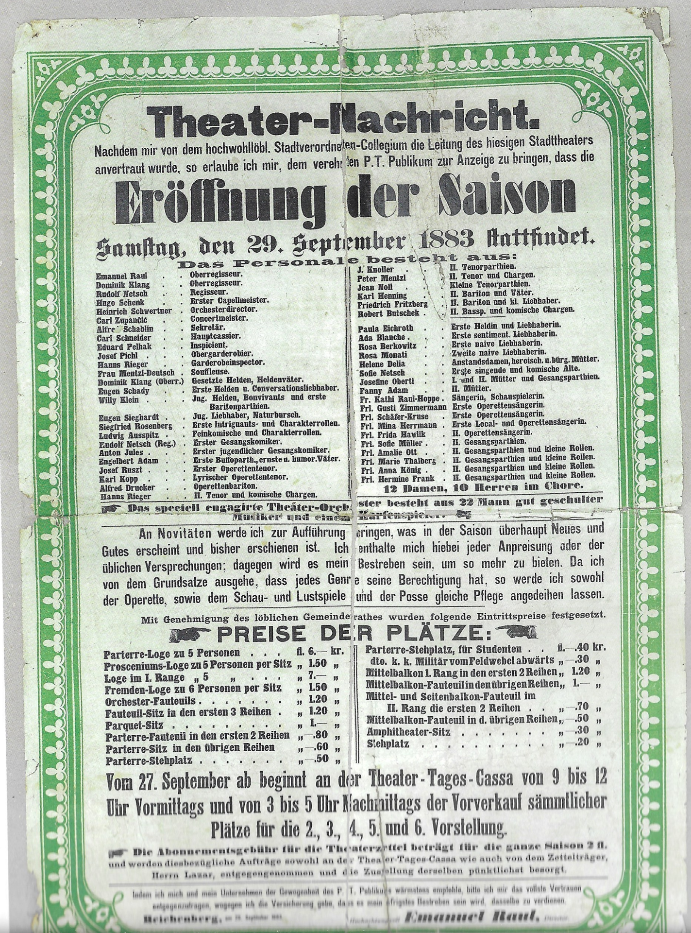 Divadelní zpráva v podobě plakátu, v níž ředitel divadla Emanuel Raus informuje veřejnost o slavnostním otevření divadla a složení zaměstnanců