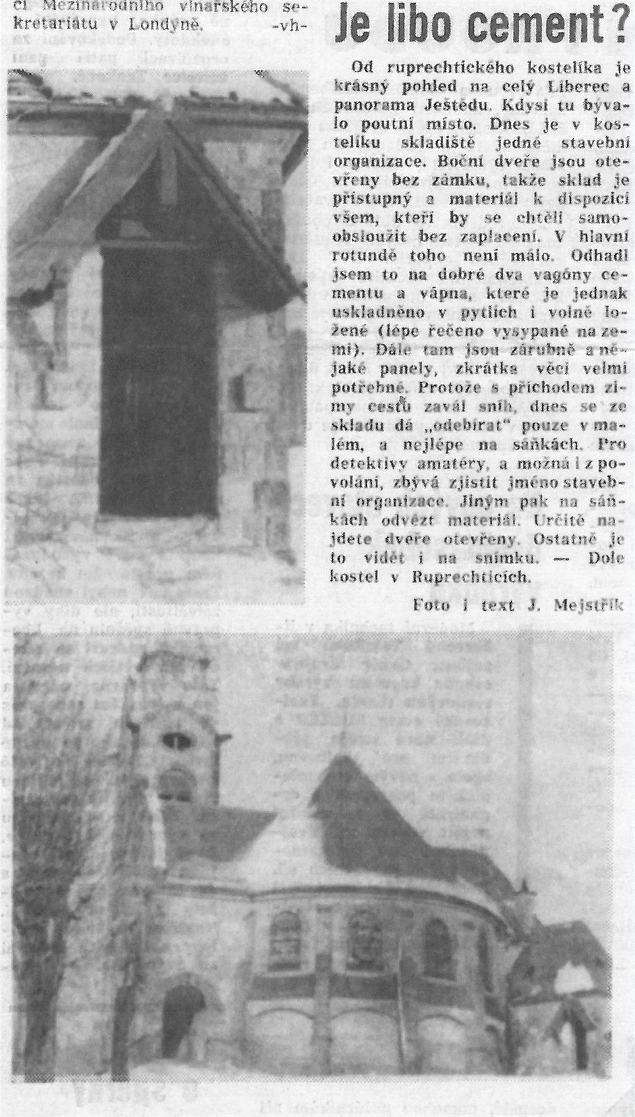 Článek z libereckých novin Vpřed, přelom 60. a 70. let.  Autor: Repro: kniha 100 let ruprechtického kostela