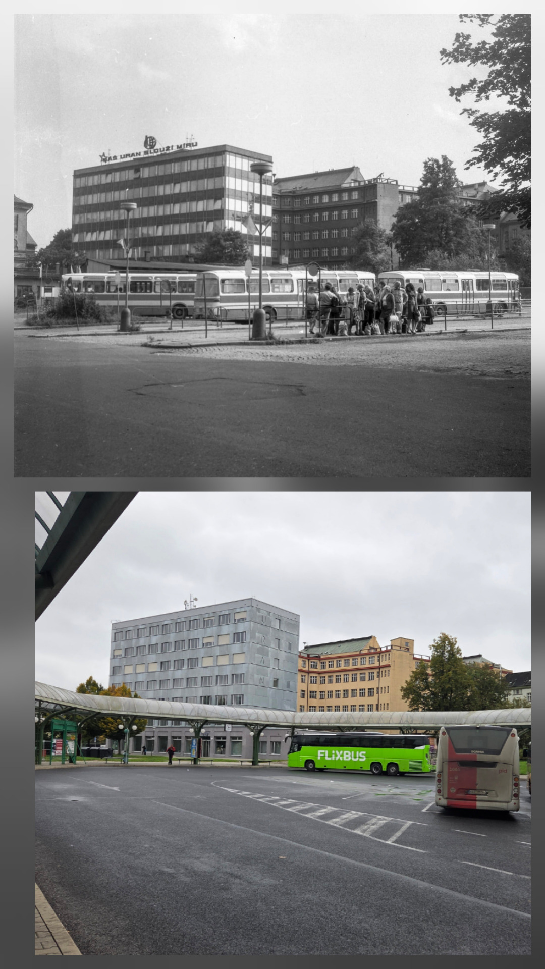 autobusové nádraží v roce 1979 a 11.10.2025