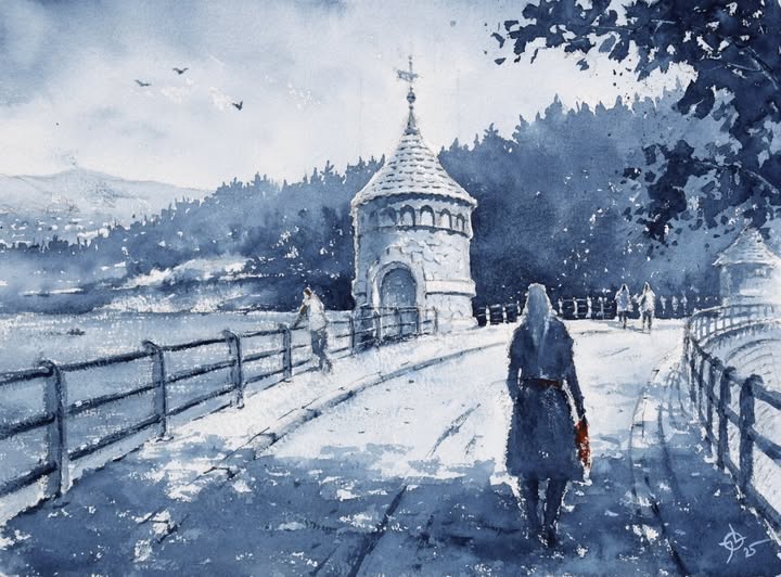 Další akvarel s námětem Harcovské přehrady, tentokrát pohled na hráz. Maloval jsem opět podle historické fotografie, s důrazem spíš na atmosféru než na detaily. (autor Jirka Lode)