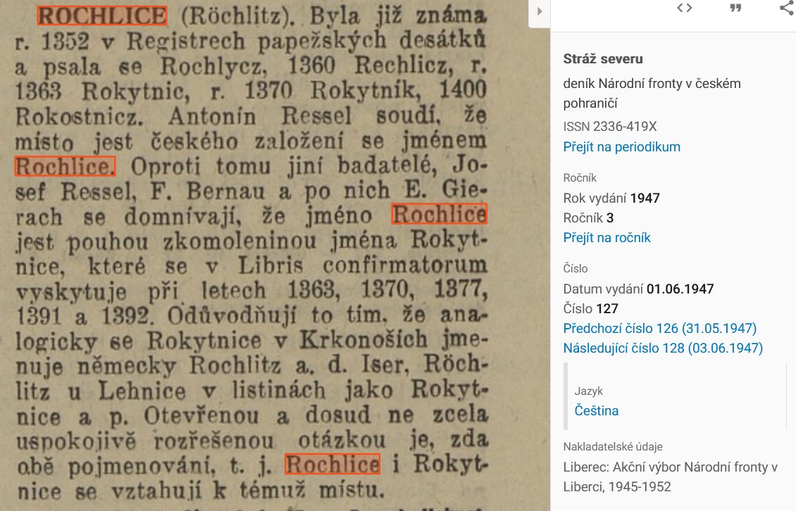 Stále nevyřešený problém - ty Rochlice, nebo ta Rochlice. Zde Stráž severu ze dne 1. 6. 1947. (komentář František Křůmal)