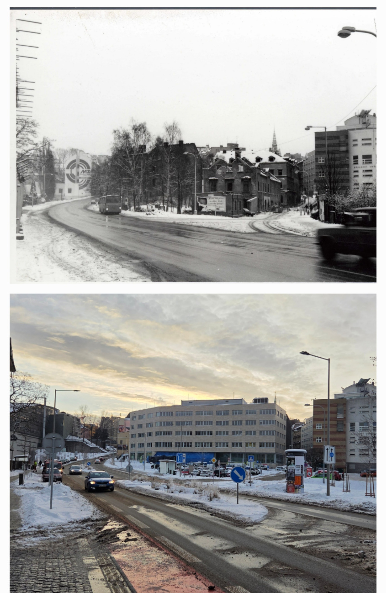 Sokolská ulice - 5.12.1996 fotil Adolf Odrážka a 12.1.2026 já.