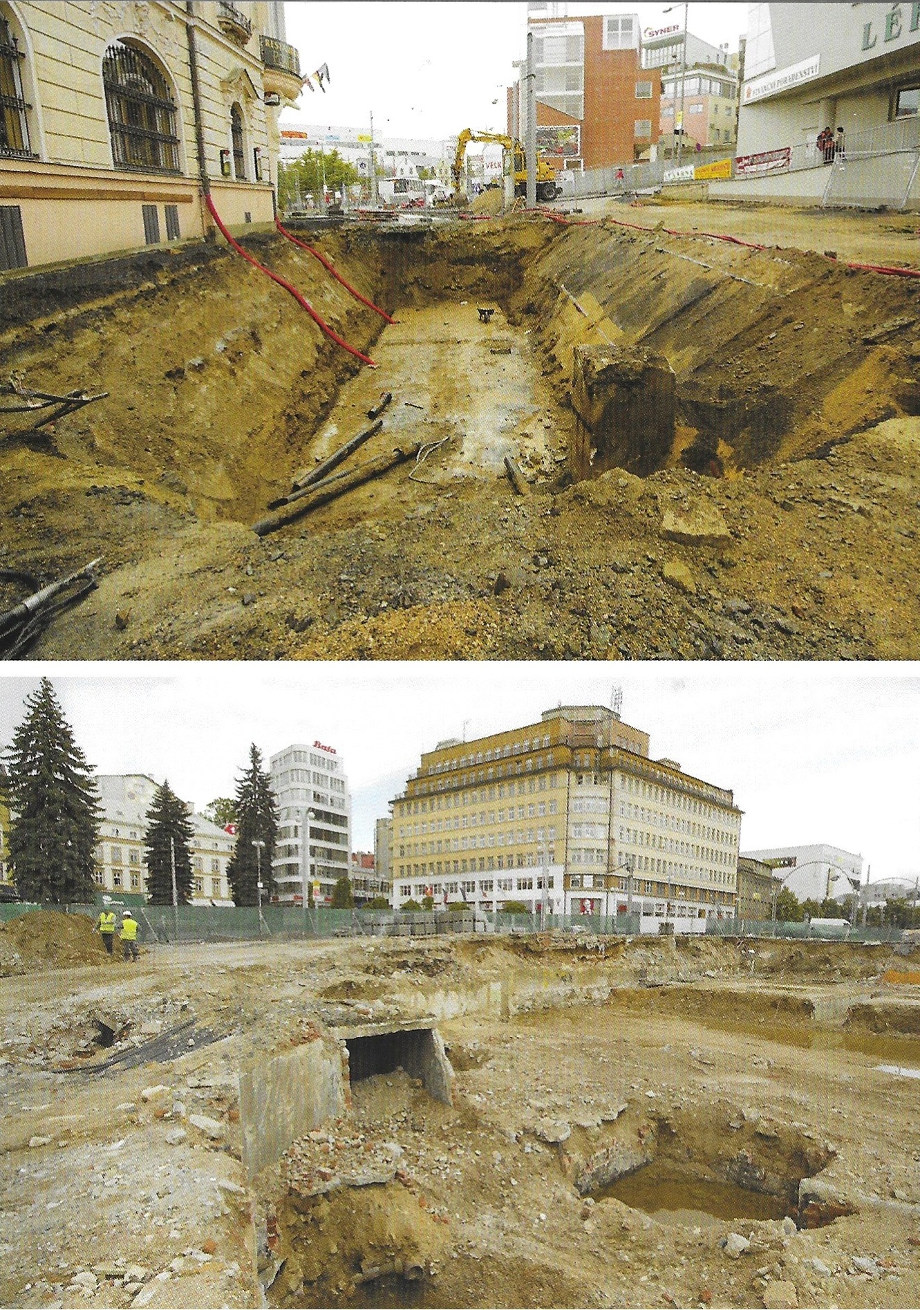 Horní snímek: Odkrytí stoky Harcovského potoka u Aneského dvora. Dolní snímek: Zbytky náhonu pod zbořeným obchodním domem Ještěd