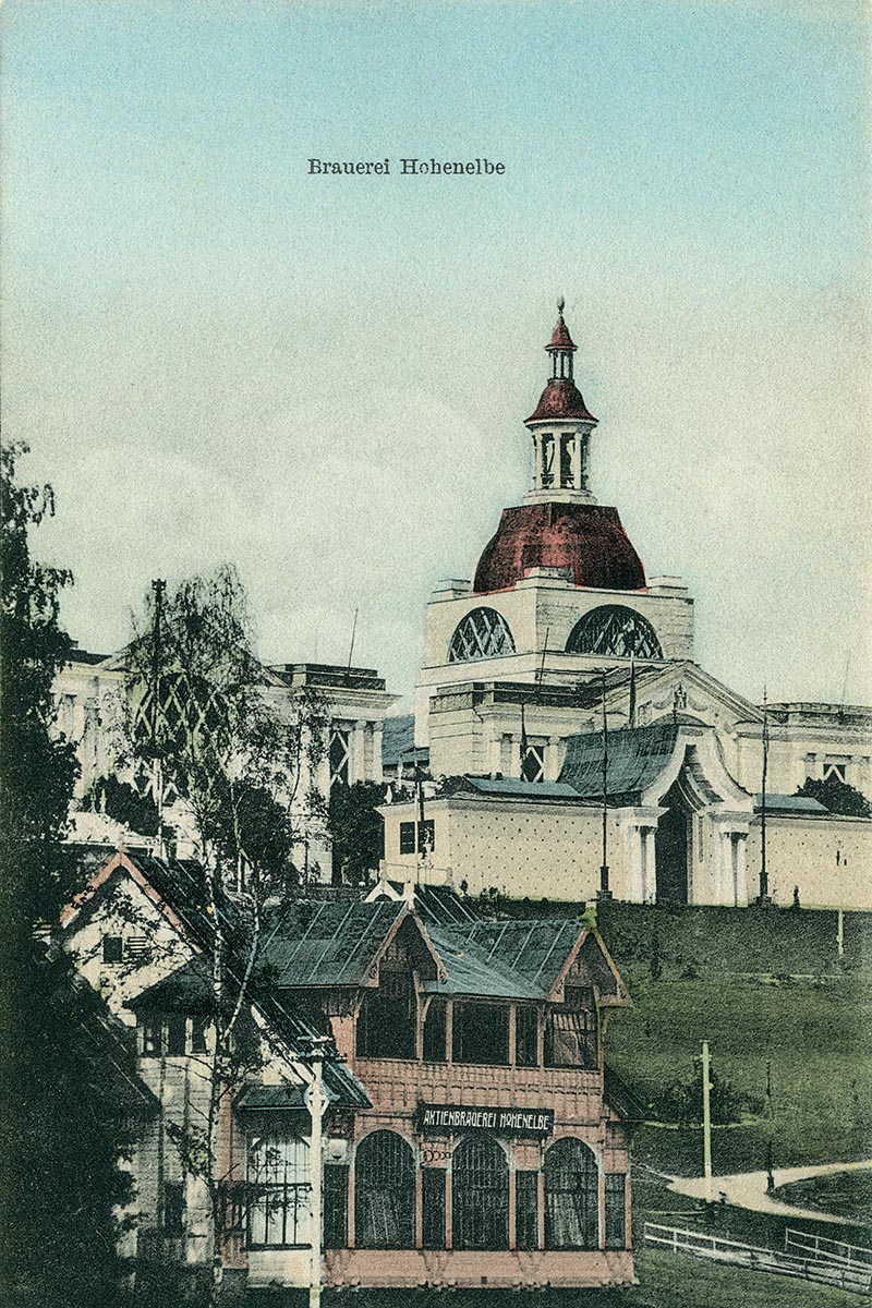 Ferdinand Stracke: Německo-česká výstava 1906 v Liberci. Nahoře hlavní výstavní budova, dole výstavní pavilon Akciového pivovaru Vrchlabí. Ze sbírek Severočeského muzea v Liberci