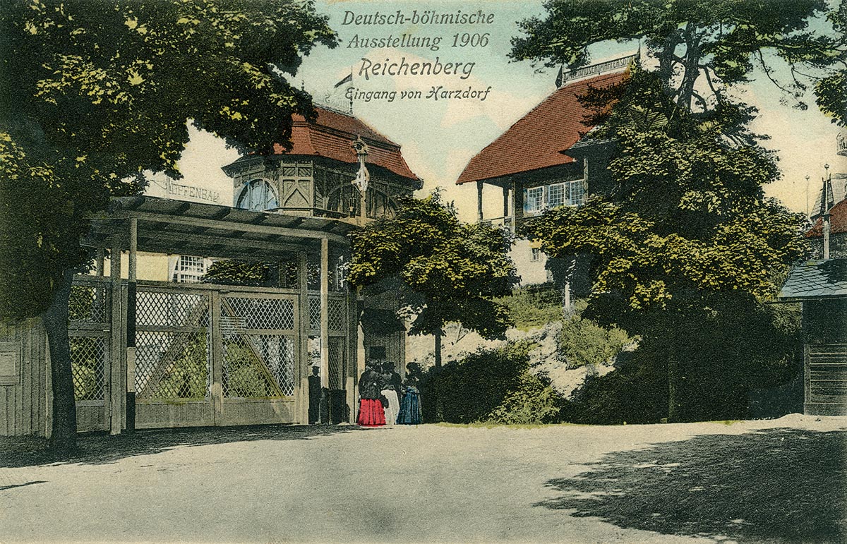 Ferdinand Stracke: Německo-česká výstava 1906 v Liberci. Vstup od Harcova. Ze sbírek Severočeského muzea v Liberci