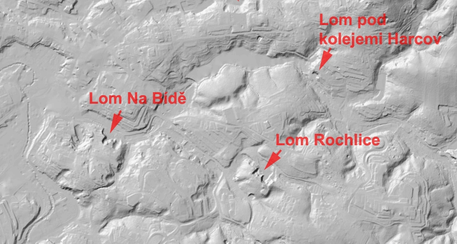 Digitální model reliéfu 5. generace, okolí vodní nádrže Harcov. Na modelu jsou dobře viditelné ostré hrany bývalých lomů na žulu, zdroj: ČÚZK