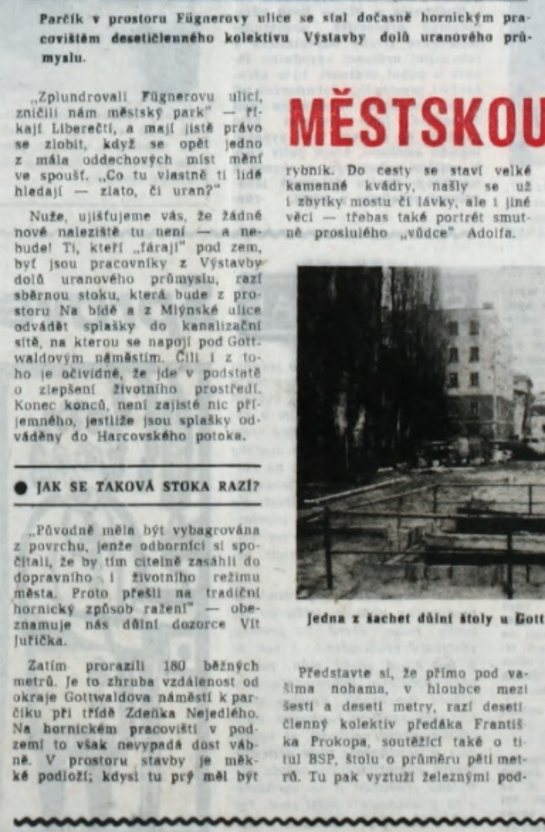 Vpřed 23.března 1976 Když před 50 lety razili kanalizační stopu podél zakrytého Harcovského potoka, našli i obraz Adolfa Hitlera. Tam ležel 30 let. (archiv R.Kitler)