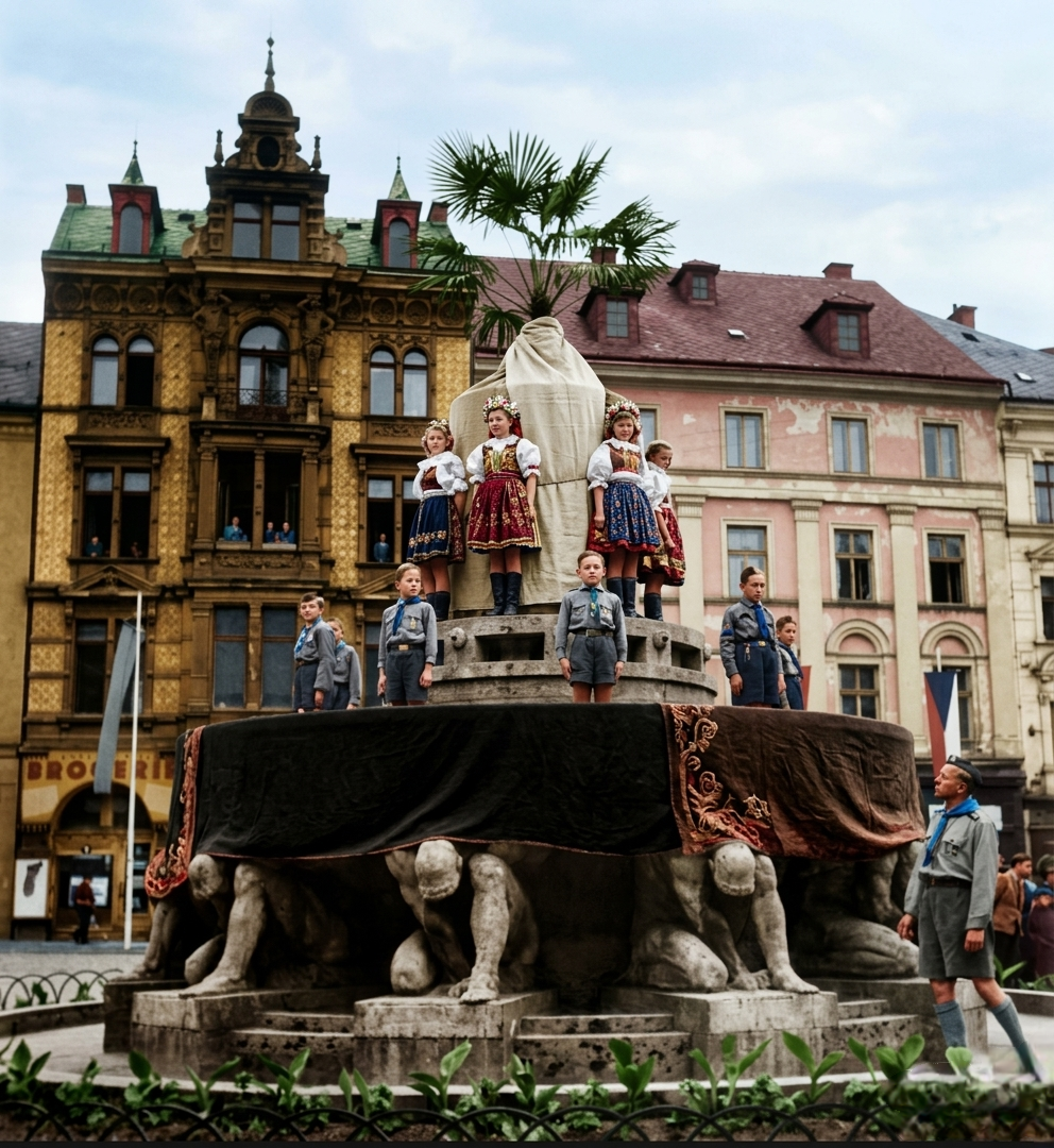 krátce po válce. Socha už je pryč a Metznerově kašně zbývají poslední týdny. (kolorováno)