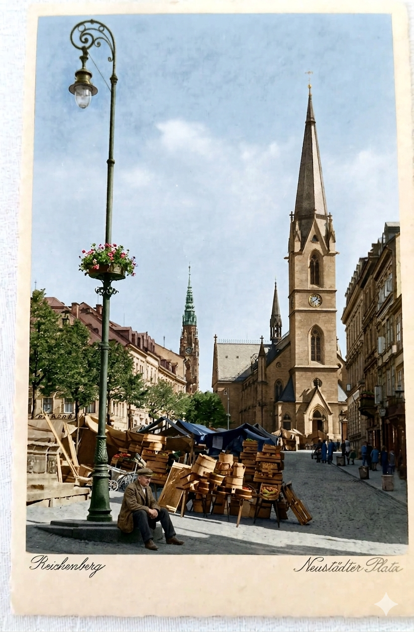 Trhy před kostelem sv.Antonína na dobové pohlednici od Gottfrieda Wurbse. (archiv Václav Honzejk) - kolorování je nedokonalé a mění často detaily