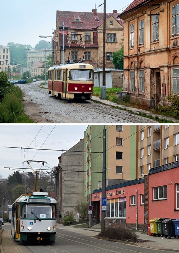 Mlýnská ulice kolem roku 1970 (kolorováno) a 12.4.2026