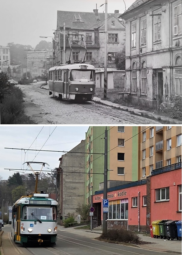 Mlýnská ulice kolem roku 1970 a 12.4.2026