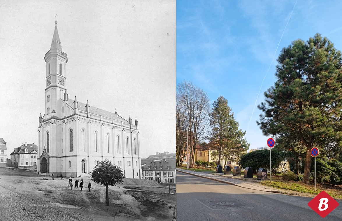 Evangelický kostel na náměstí Českých bratří 29.5.1976 a 8.2.2025