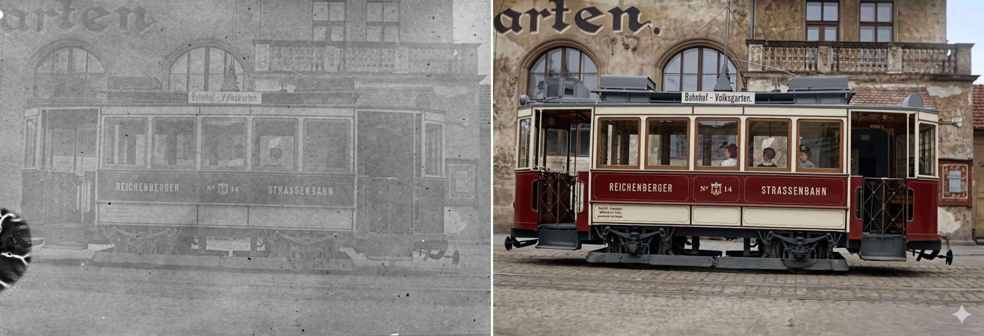 zrekonstruovaná fotografie motorového vozu č. 14. Vyroben byl v roce 1900 v Grazu. Zejména oddíl byl stejných rozměrů jako první tramvaje, vůz měl však již volnoosý pojezd a zasklené plošiny. Od roku 1939 sloužil jako služební k broušení kolejnic, zrušen byl v roce 1946.