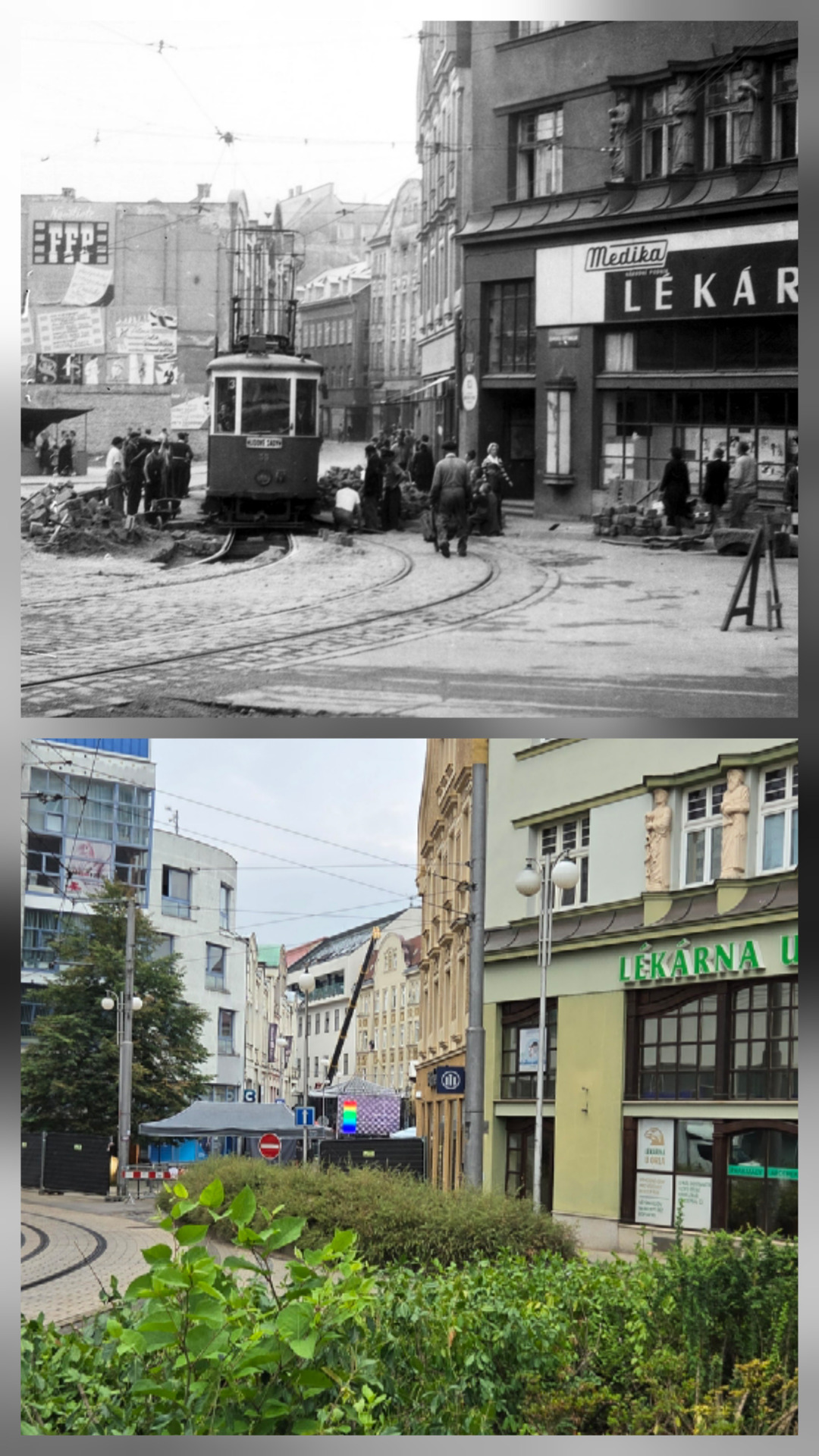 Pohled ze Soukenného náměstí (Gottwaldova) na nároží Třídy 1.máje a Jánské ulice v roce 1957 a 1.8.2026
