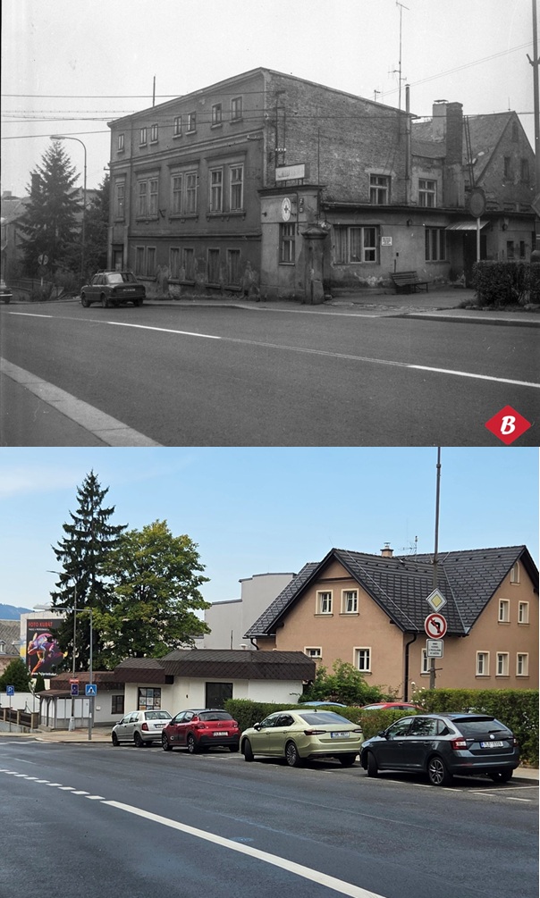 Nároží Husovy a Bernardovy ulice v roce 1982 a 16.8.2026