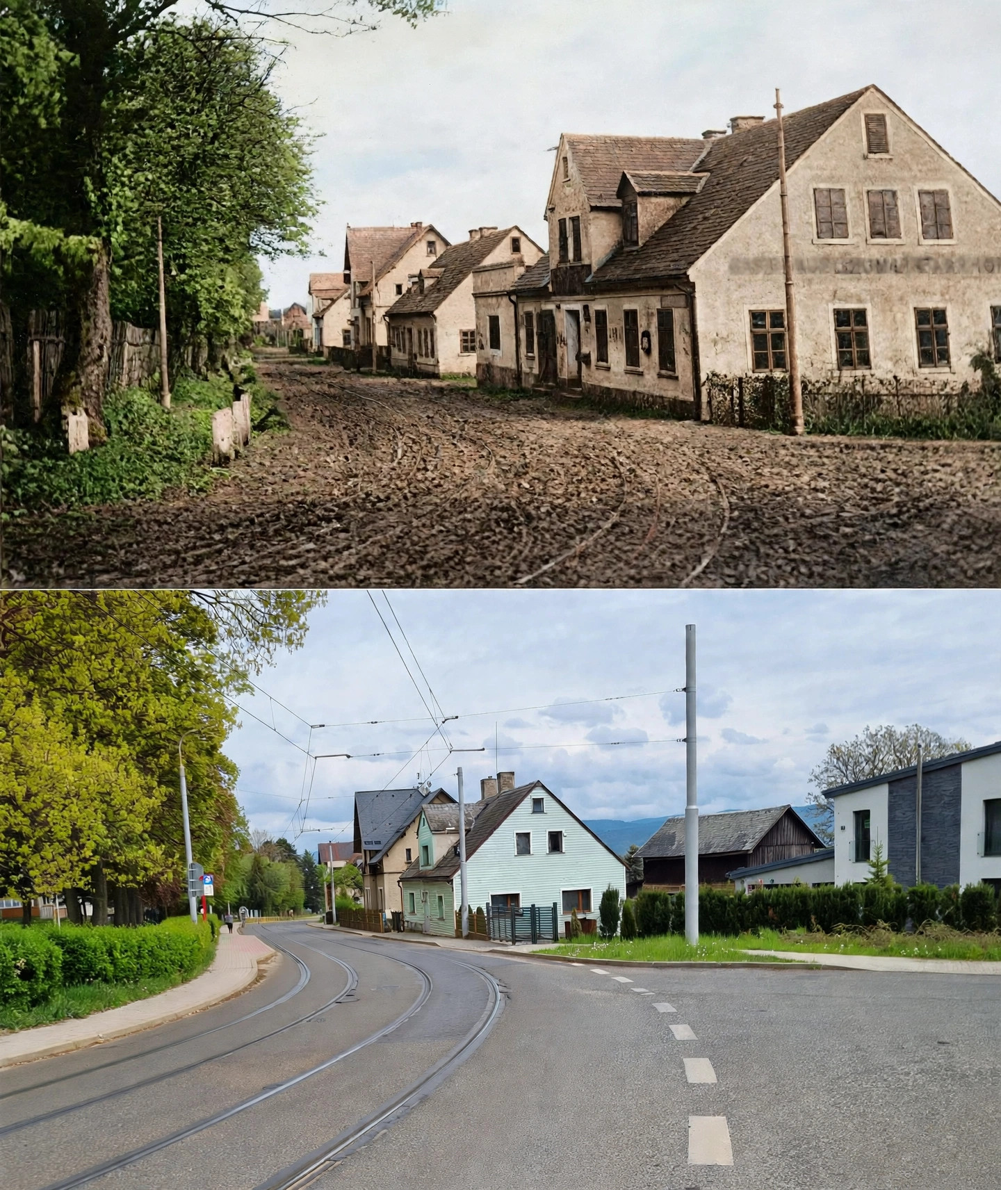 křižovatka s Malodoubskou a ulicí České mládeže před rokem 1918 a 14.5.2023