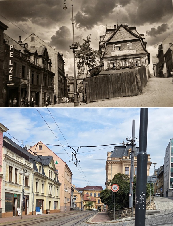 Nároží ulic 5.května a Vzdušné kolem roku 1930 a 16.8.2026