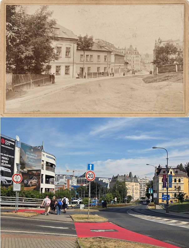 Rochlická (dnes Milady Horákové) kolem roku 1920 a 16.8.2026