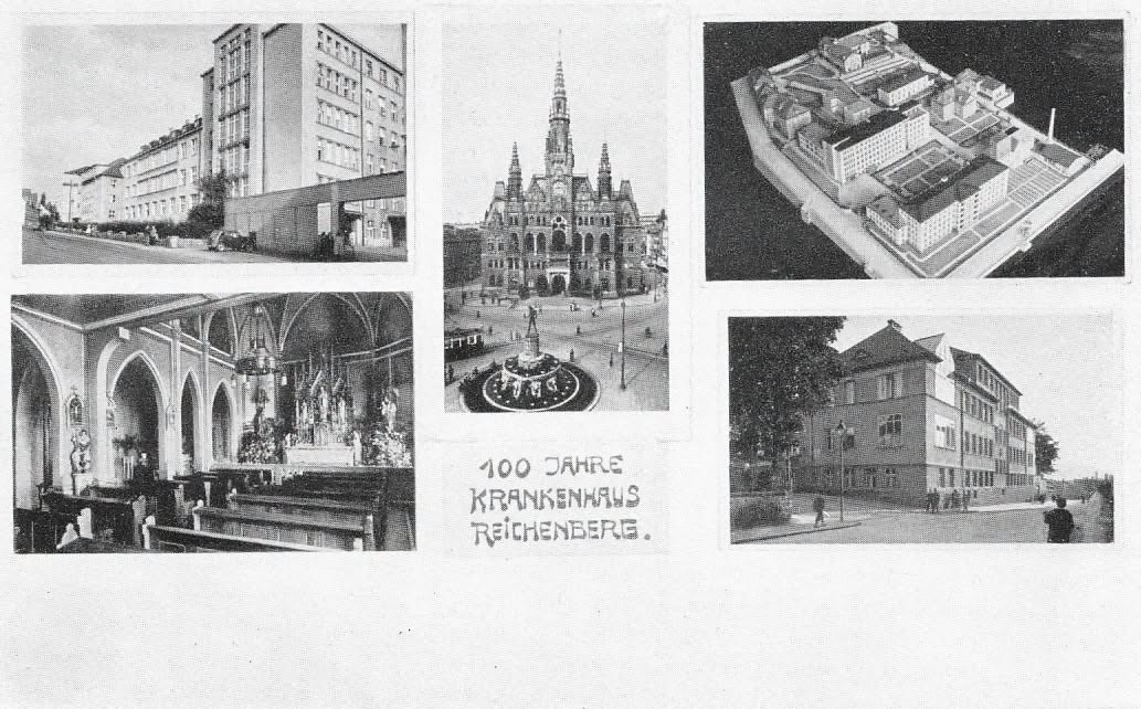 Pohlednice vydaná v roce 1948 k výročí Štěpánské nemocnice. Vlevo dole za mě jedna z mála fotek nemocniční kaple sv. Václava, dále pak model plánované přestavby nemocnice.