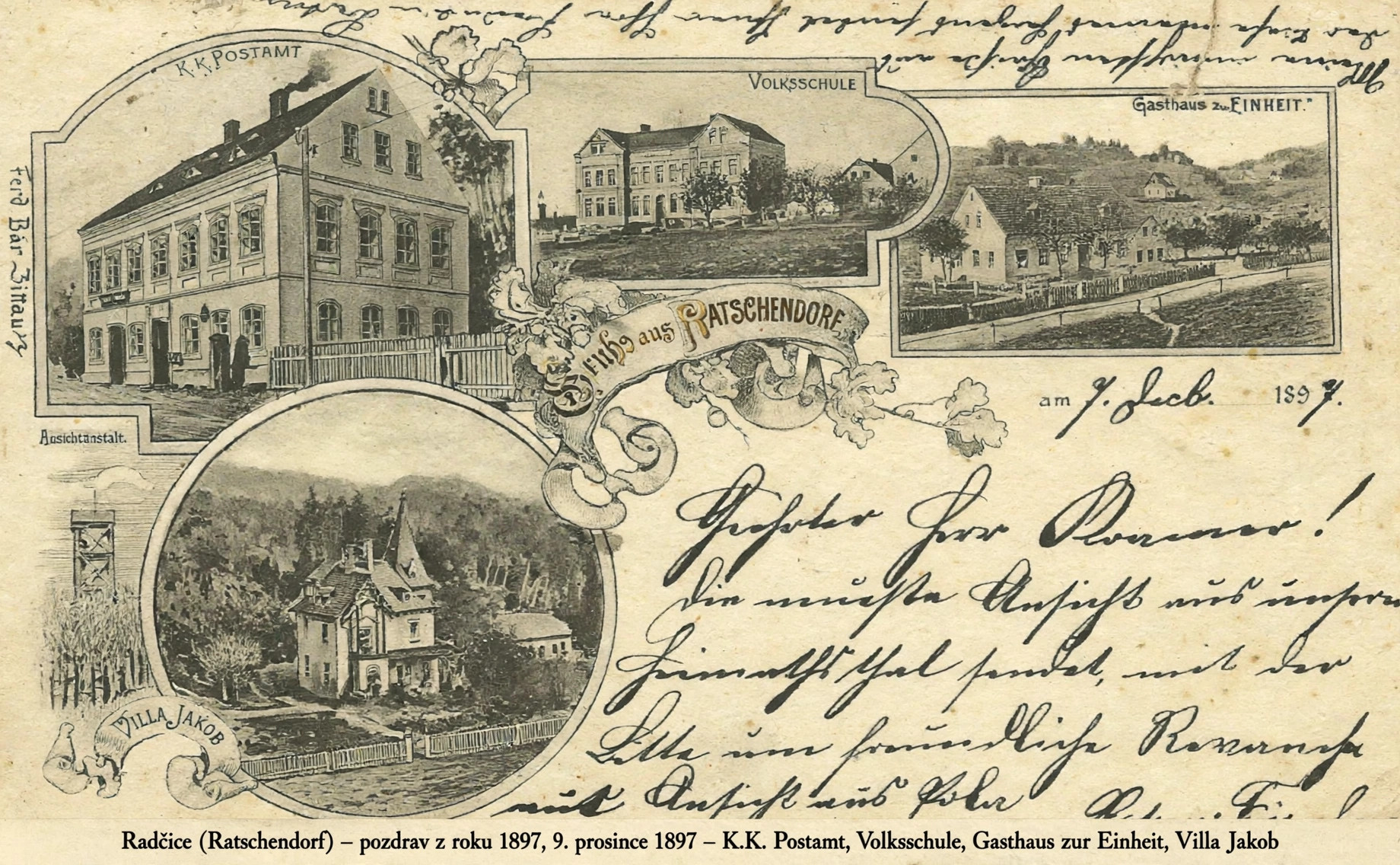 Podle dobových zvyklostí a historického uspořádání obce se tehdejší pošta nacházela v budově staré radčické rychty / obecního úřadu, případně v domě tehdejšího představeného obce. V roce 1895 stál v čele obce starosta Josef Simon, v jehož éře se úřadovny a poštovní sběrny v menších obcích soustřeďovaly přímo v centru dění podél tehdejší hlavní silnice (vedoucí přes Radčice dál na Mníšek) (komentář Robert Hanuš)
