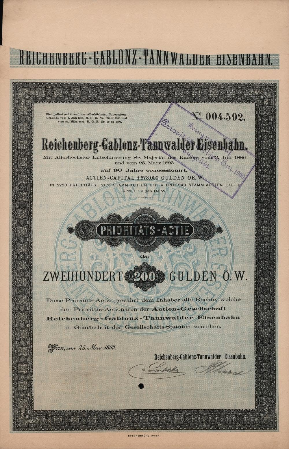 prioritní akcii Reichenberg-Gablonz-Tannwalder Eisenbahn (Liberecko-jablonecko-tanvaldská železnice) na 200 Zlatých z roku 1893. (archiv Jiří Jaroš)