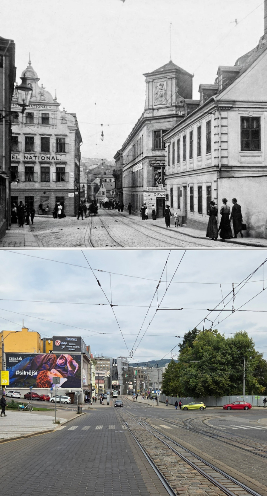 Třída 1.máje (tehdy Bahnhofstraße) kolem roku 1930 a 11.9.2026
