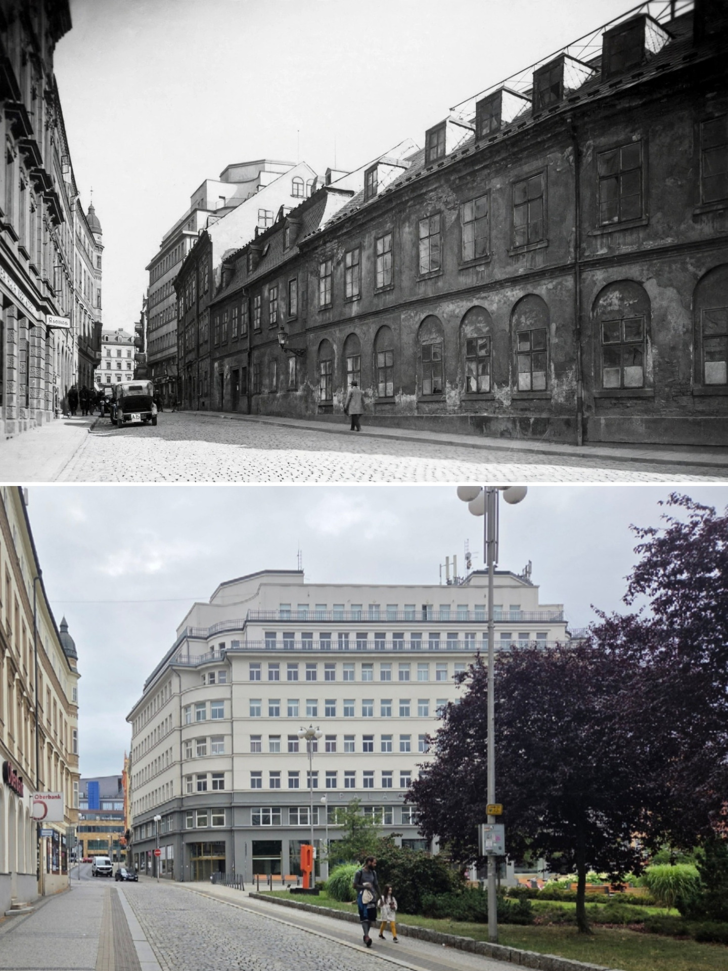 Mostecká ulice (Brückenstraße) kolem roku 1930 a Soukenné náměstí 2.8.2026