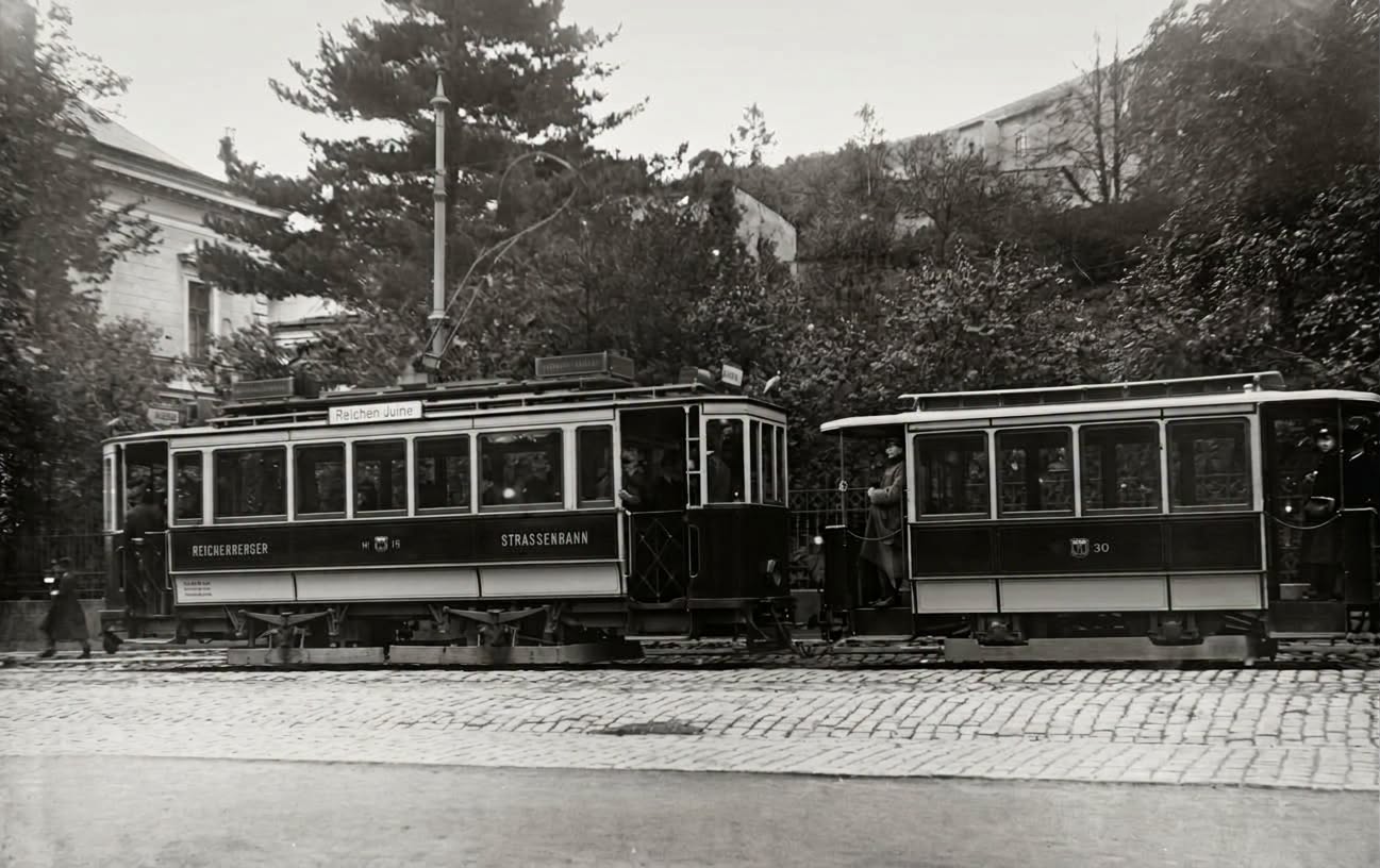 15.10.1918, foto Erwin Cettieneo, Liberec, Masarykova, motorový vůz č. 15 (1904 - 1985) a vlečný vůz č. 30 (1898 - 1934).